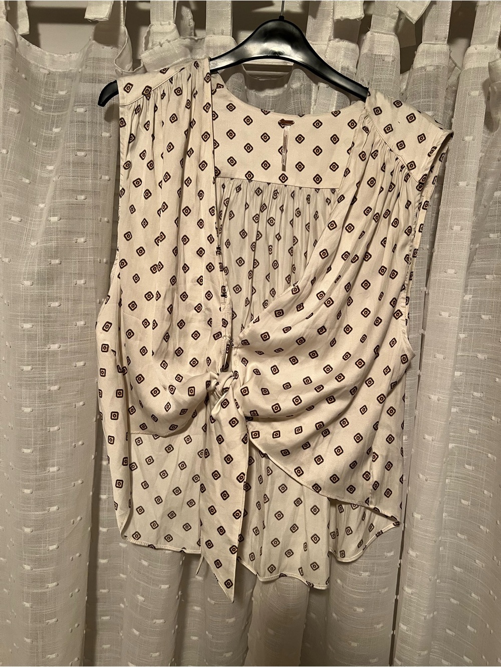 Free People Cream Geometric Tie-Front Sleeveless Blouse